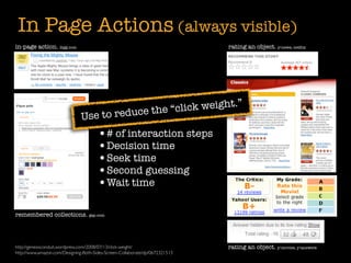 In Page Actions (always visible)
in-page action. digg.com                                                      rating an object. y!news, netﬂix




                                                               t.”
                                               he “click weigh
                               Use to reduce t
                                       •# of interaction steps
                                       •Decision time
                                       •Seek time
                                       •Second guessing
                                       •Wait time

remembered collections. gap.com




http://genesisconduit.wordpress.com/2008/07/13/click-weight/                  rating an object. y!movies, y!answers
http://www.amazon.com/Designing-Both-Sides-Screen-Collaborate/dp/0672321513
 