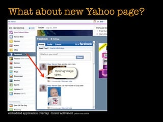 What about new Yahoo page?




                                   Overlay stays
                                   open.




embedded application overlay - hover activated. yahoo.com 2009
 