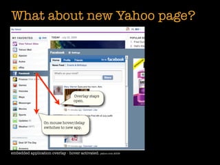 What about new Yahoo page?




                                   Overlay stays
                                   open.




                  On mouse hover/delay
                  switches to new app.




embedded application overlay - hover activated. yahoo.com 2009
 