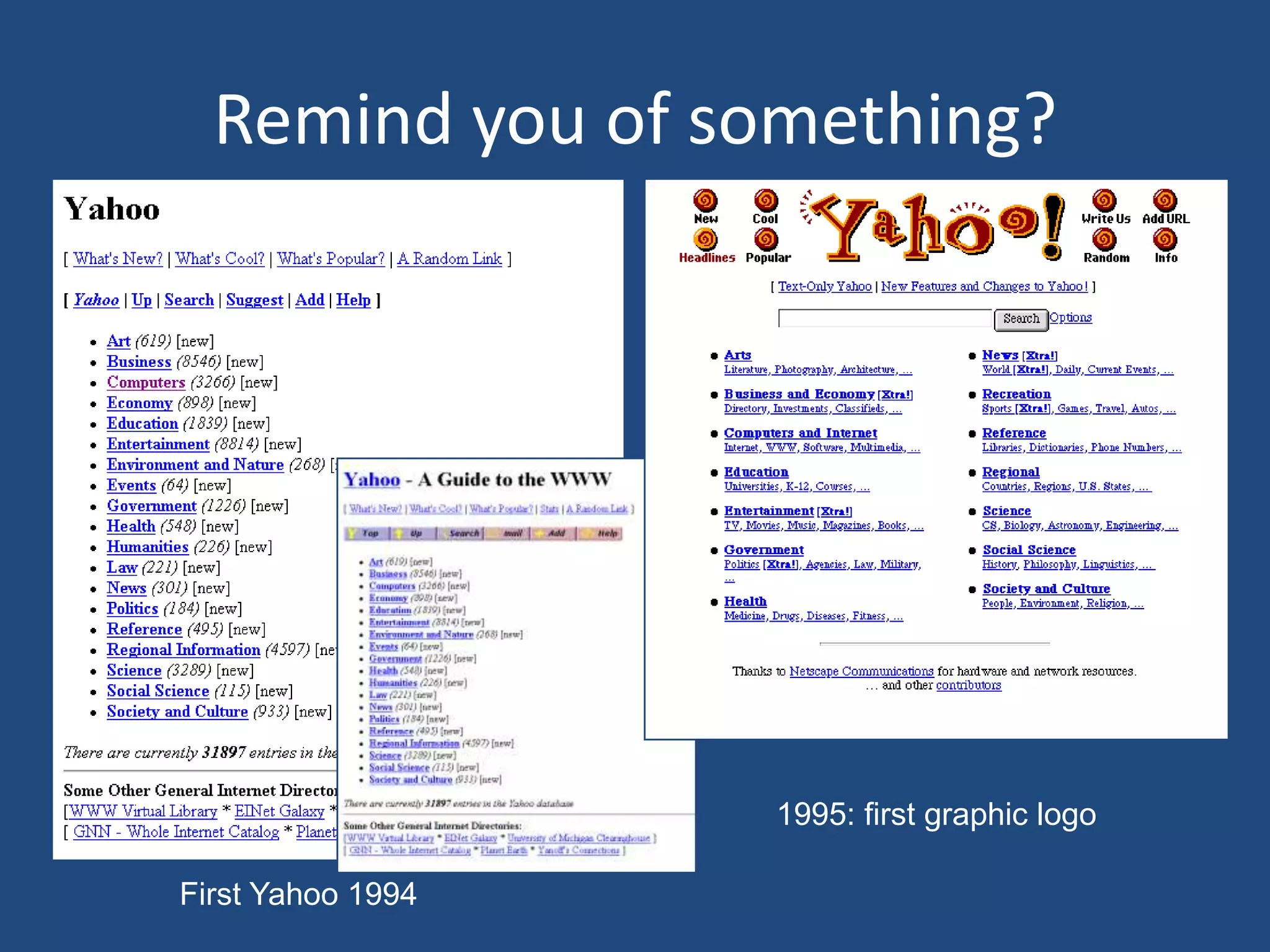 Remind you of something?




                   1995: first graphic logo

First Yahoo 1994
 
