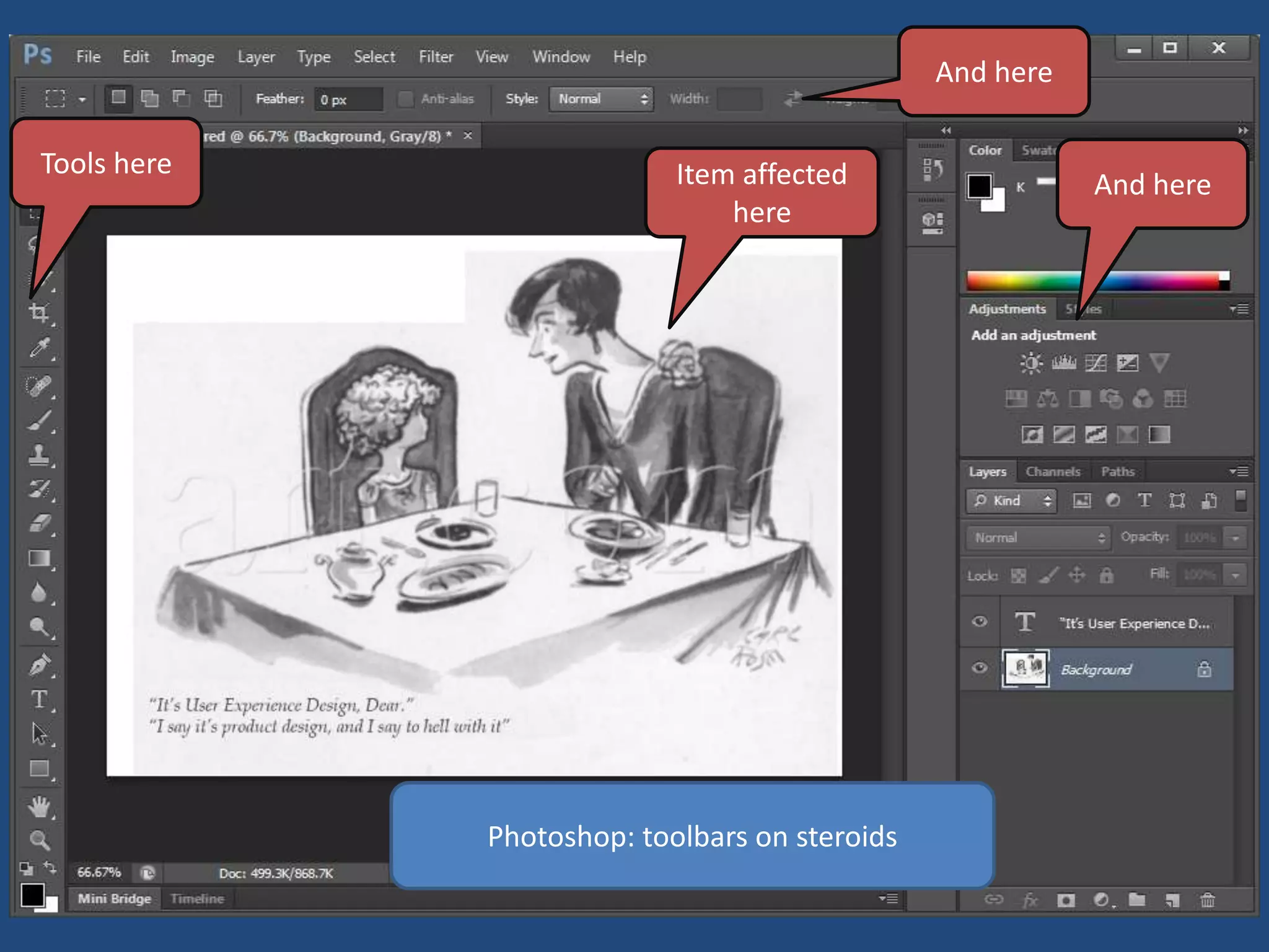 And here

Tools here
              Toolbars
                           Item affected                  And here
                               here




             Photoshop: toolbars on steroids
 