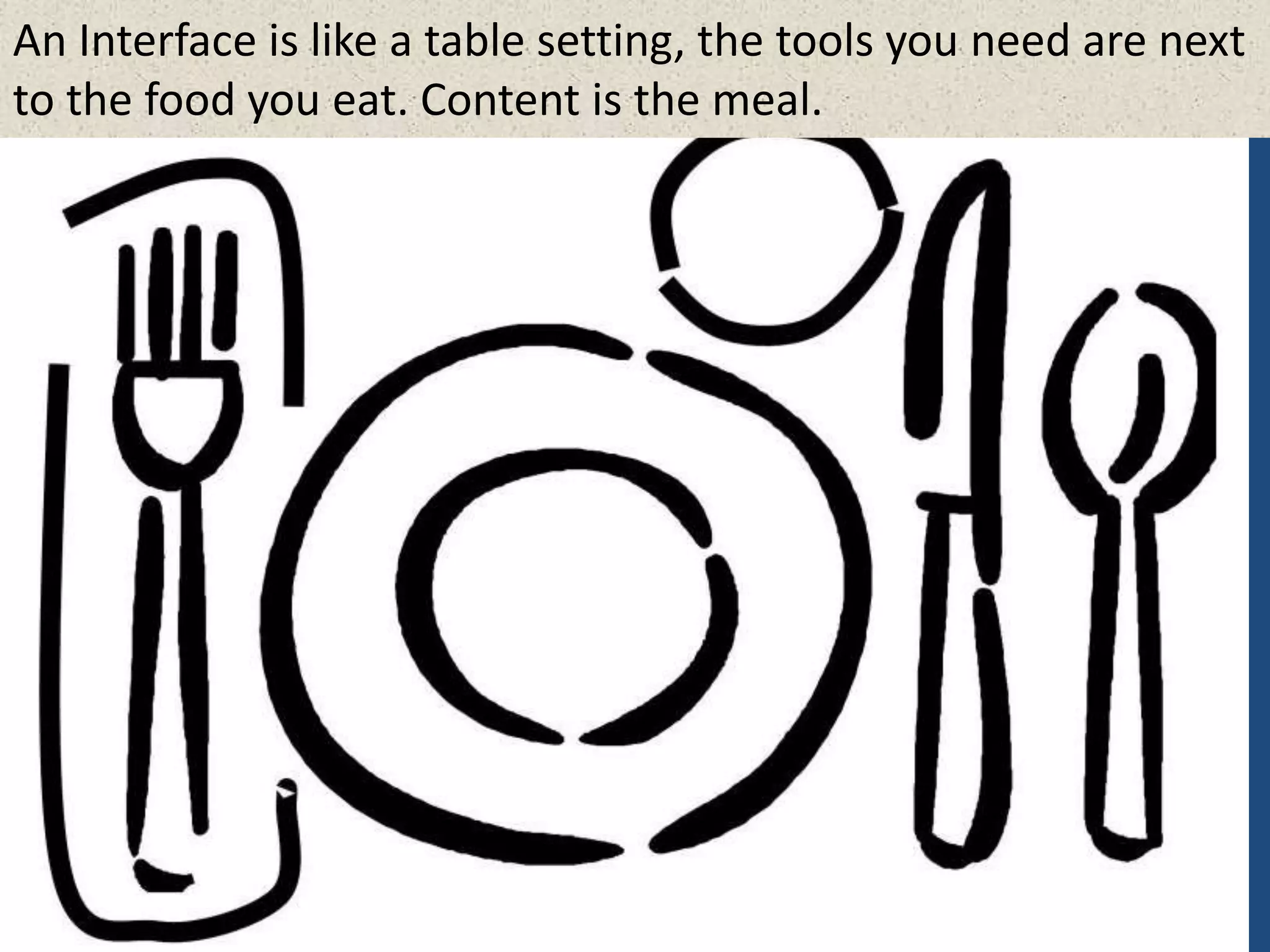 An Interface is like a table setting, the tools you need are next
to the food you eat. Content is the meal.
 
