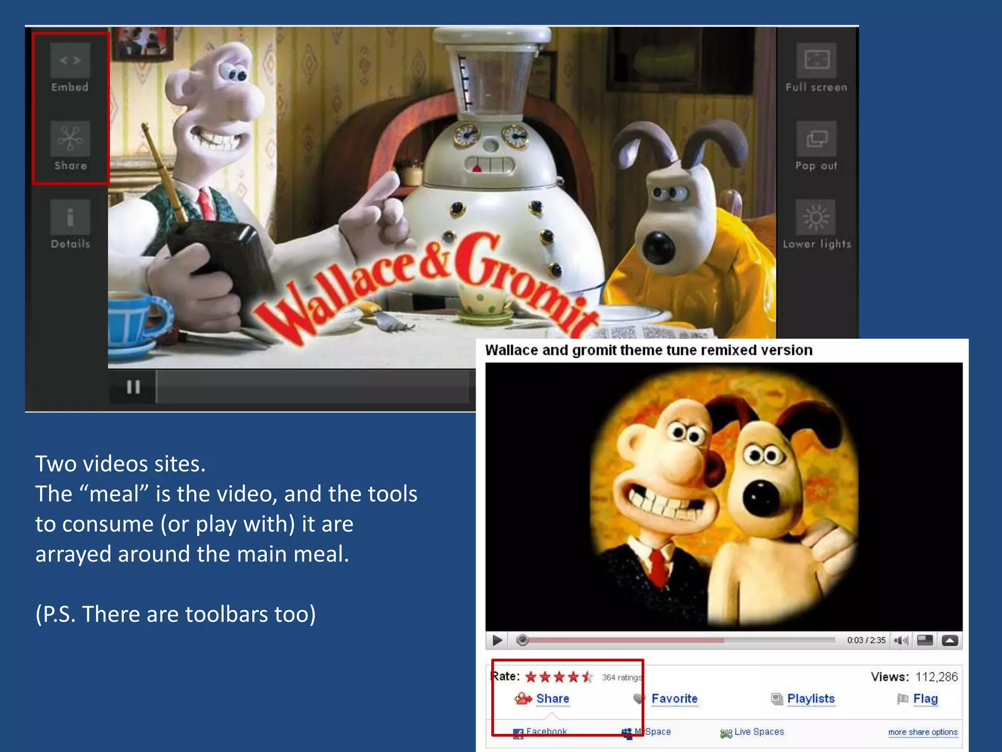 Two videos sites.
The “meal” is the video, and the tools
to consume (or play with) it are
arrayed around the main meal.

(P.S. There are toolbars too)
 