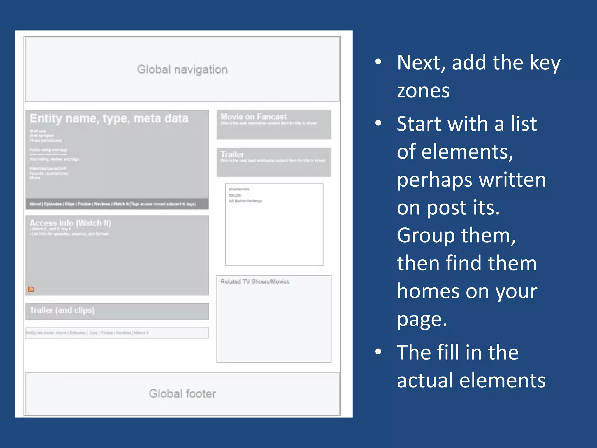• Next, add the key
  zones
• Start with a list
  of elements,
  perhaps written
  on post its.
  Group them,
  then find them
  homes on your
  page.
• The fill in the
  actual elements
 