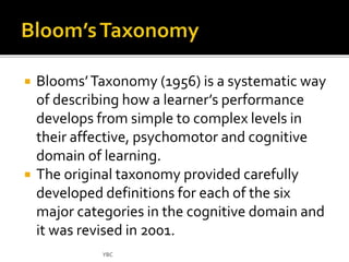  Blooms’ Taxonomy (1956) is a systematic way 
of describing how a learner’s performance 
develops from simple to complex levels in 
their affective, psychomotor and cognitive 
domain of learning. 
 The original taxonomy provided carefully 
developed definitions for each of the six 
major categories in the cognitive domain and 
it was revised in 2001. 
YBC 
 