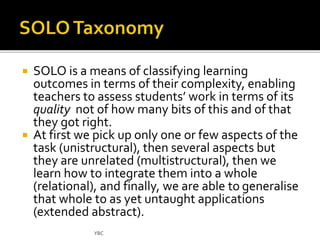  SOLO is a means of classifying learning 
outcomes in terms of their complexity, enabling 
teachers to assess students’ work in terms of its 
quality not of how many bits of this and of that 
they got right. 
 At first we pick up only one or few aspects of the 
task (unistructural), then several aspects but 
they are unrelated (multistructural), then we 
learn how to integrate them into a whole 
(relational), and finally, we are able to generalise 
that whole to as yet untaught applications 
(extended abstract). 
YBC 
 