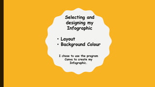 Selecting and
designing my
Infographic
• Layout
• Background Colour
I chose to use the program
Canva to create my
Infographic.
 