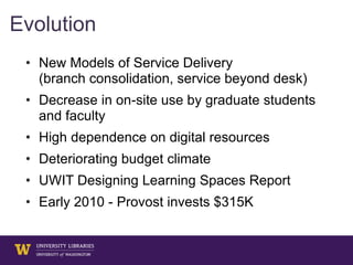 • New Models of Service Delivery
(branch consolidation, service beyond desk)
• Decrease in on-site use by graduate students
and faculty
• High dependence on digital resources
• Deteriorating budget climate
• UWIT Designing Learning Spaces Report
• Early 2010 - Provost invests $315K
Evolution
 