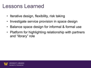 • Iterative design, flexibility, risk taking
• Investigate service provision in space design
• Balance space design for informal & formal use
• Platform for highlighting relationship with partners
and “library” role
Lessons Learned
 