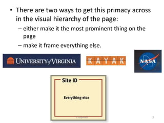 • There are two ways to get this primacy across
in the visual hierarchy of the page:
– either make it the most prominent thing on the
page
– make it frame everything else.
S.Gopinath 13
 