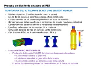 Proceso de diseño de envases en PET
VERIFICACION DEL 3D MEDIANTE EL FEM (FINE ELEMENT METHOD)
- Máxima capacidad (identifica los eslabones de rotura)
- Efecto de las ranuras o salientes en la superficie de la botella
- Comportamiento de las diferentes geometrías en zona de hombros
- Comportamiento del envase frente a condiciones de presión (productos calientes)
- Comportamiento del envase frente a variaciones en la temperatura
- La validez del espesor de las paredes de la preforma
- Simulación del ciclo de vida en punto de venta de la botella
- Ojo: 2-3 días (FEM) vs. 4 semanas (Producto REAL)
- Lo que el FEM NO PUEDE HACER
 Predecir la distribución EXACTA del grosor de las paredes basado en:
 La información sobre la preforma
 La información sobre la geometría de la botella
 La información sobre las condiciones de temperatura
 El ajuste óptimo de los paneles de calentamiento en el molde de soplado
 