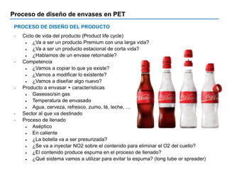 Proceso de diseño de envases en PET
PROCESO DE DISEÑO DEL PRODUCTO
- Ciclo de vida del producto (Product life cycle)
 ¿Va a ser un producto Premium con una larga vida?
 ¿Va a ser un producto estacional de corta vida?
 ¿Hablamos de un envase retornable?
- Competencia
 ¿Vamos a copiar lo que ya existe?
 ¿Vamos a modificar lo existente?
 ¿Vamos a diseñar algo nuevo?
- Producto a envasar + características
 Gaseoso/sin gas
 Temperatura de envasado
 Agua, cerveza, refresco, zumo, té, leche, …
- Sector al que va destinado
- Proceso de llenado
 Aséptico
 En caliente
 ¿La botella va a ser presurizada?
 ¿Se va a inyectar NO2 sobre el contenido para eliminar el O2 del cuello?
 ¿El contenido produce espuma en el proceso de llenado?
 ¿Qué sistema vamos a utilizar para evitar la espuma? (long tube or spreader)
 