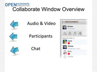 Collaborate Window Overview

     Audio & Video

      Participants

       Chat
 