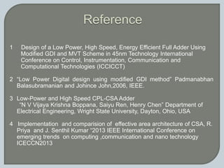 1 Design of a Low Power, High Speed, Energy Efficient Full Adder Using
Modified GDI and MVT Scheme in 45nm Technology International
Conference on Control, Instrumentation, Communication and
Computational Technologies (ICCICCT)
2 “Low Power Digital design using modified GDI method” Padmanabhan
Balasubramanian and Johince John,2006, IEEE.
3 Low-Power and High Speed CPL-CSA Adder
“N V Vijaya Krishna Boppana, Saiyu Ren, Henry Chen” Department of
Electrical Engineering, Wright State University, Dayton, Ohio, USA
4 Implementation and comparision of effective area architecture of CSA, R.
Priya and J. Senthil Kumar “2013 IEEE International Conference on
emerging trends on computing ,communication and nano technology
ICECCN2013
 