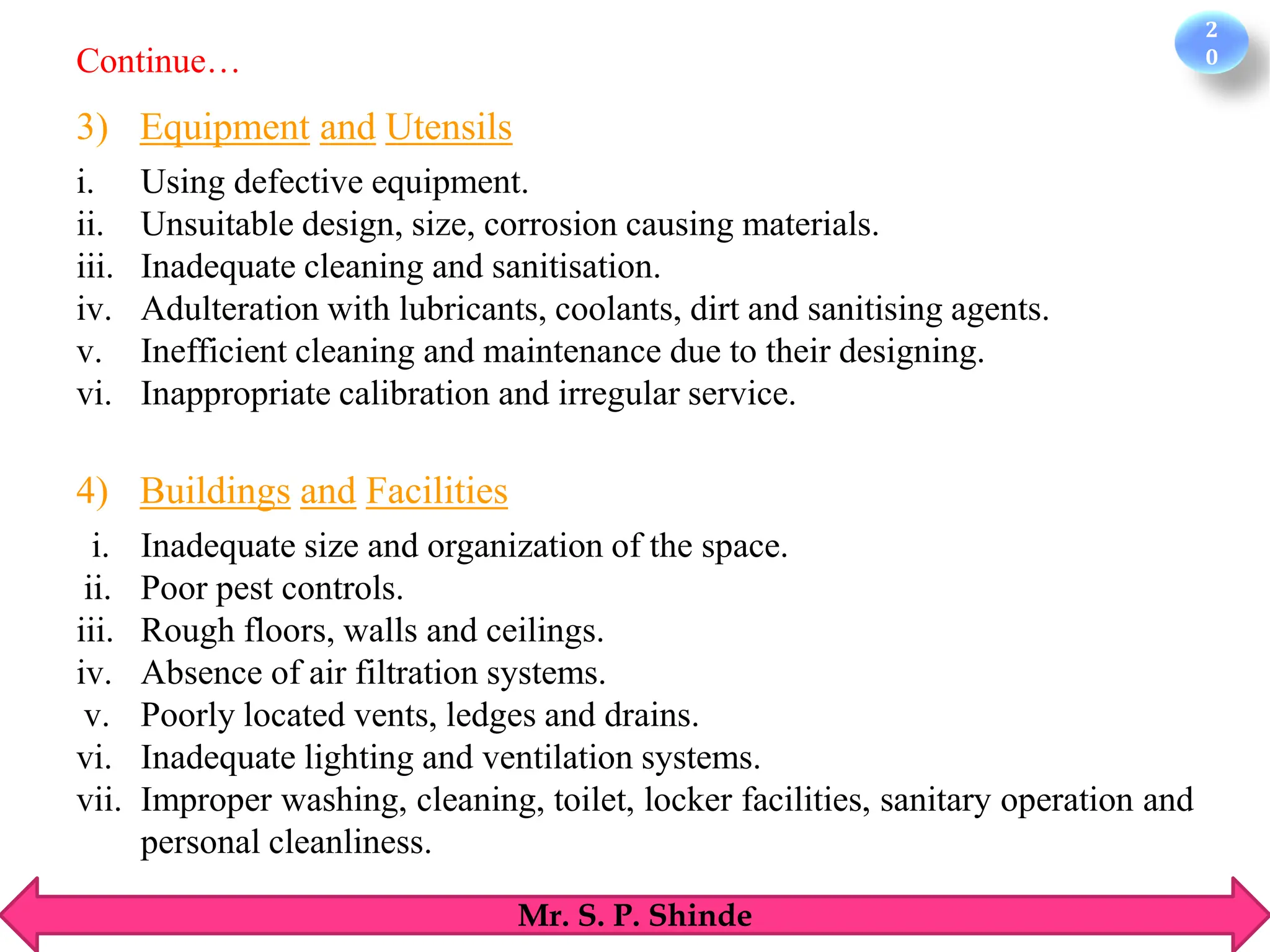 2
0
Mr. S. P. Shinde
3) Equipment and Utensils
i. Using defective equipment.
ii. Unsuitable design, size, corrosion causing materials.
iii. Inadequate cleaning and sanitisation.
iv. Adulteration with lubricants, coolants, dirt and sanitising agents.
v. Inefficient cleaning and maintenance due to their designing.
vi. Inappropriate calibration and irregular service.
4) Buildings and Facilities
i. Inadequate size and organization of the space.
ii. Poor pest controls.
iii. Rough floors, walls and ceilings.
iv. Absence of air filtration systems.
v. Poorly located vents, ledges and drains.
vi. Inadequate lighting and ventilation systems.
vii. Improper washing, cleaning, toilet, locker facilities, sanitary operation and
personal cleanliness.
Continue…
 