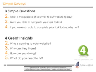 Simple Surveys  <ul><li>3 Simple Questions </li></ul><ul><li>What is the purpose of your visit to our website today? </li>...