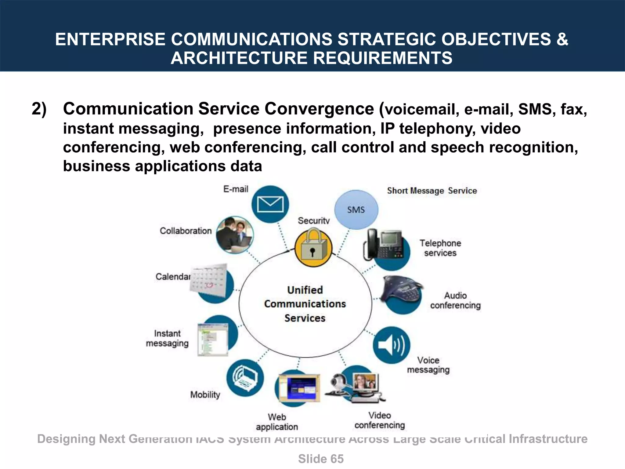 Designing Next Generation IACS System Architecture Across Large Scale Critical Infrastructure
Slide 65
2) Communication Service Convergence (voicemail, e-mail, SMS, fax,
instant messaging, presence information, IP telephony, video
conferencing, web conferencing, call control and speech recognition,
business applications data
ENTERPRISE COMMUNICATIONS STRATEGIC OBJECTIVES &
ARCHITECTURE REQUIREMENTS
 