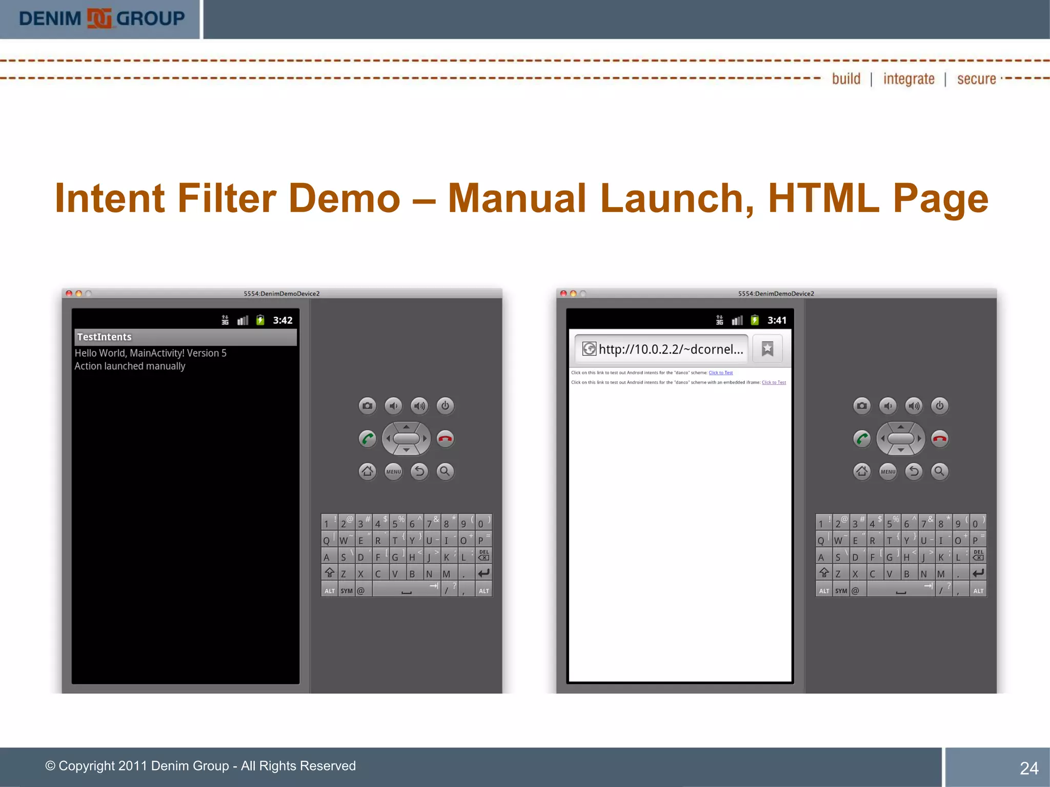 Intent Filter Demo – Manual Launch, HTML Page




© Copyright 2011 Denim Group - All Rights Reserved   24
 