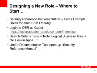 Designing a New Role – Where to
 Start…
• Security Reference Implementation – Gives Example
  Roles for each FSM Offering....