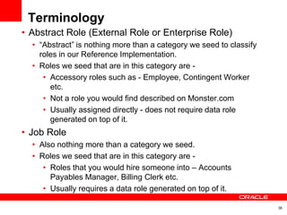 Terminology
• Abstract Role (External Role or Enterprise Role)
  • “Abstract” is nothing more than a category we seed to c...