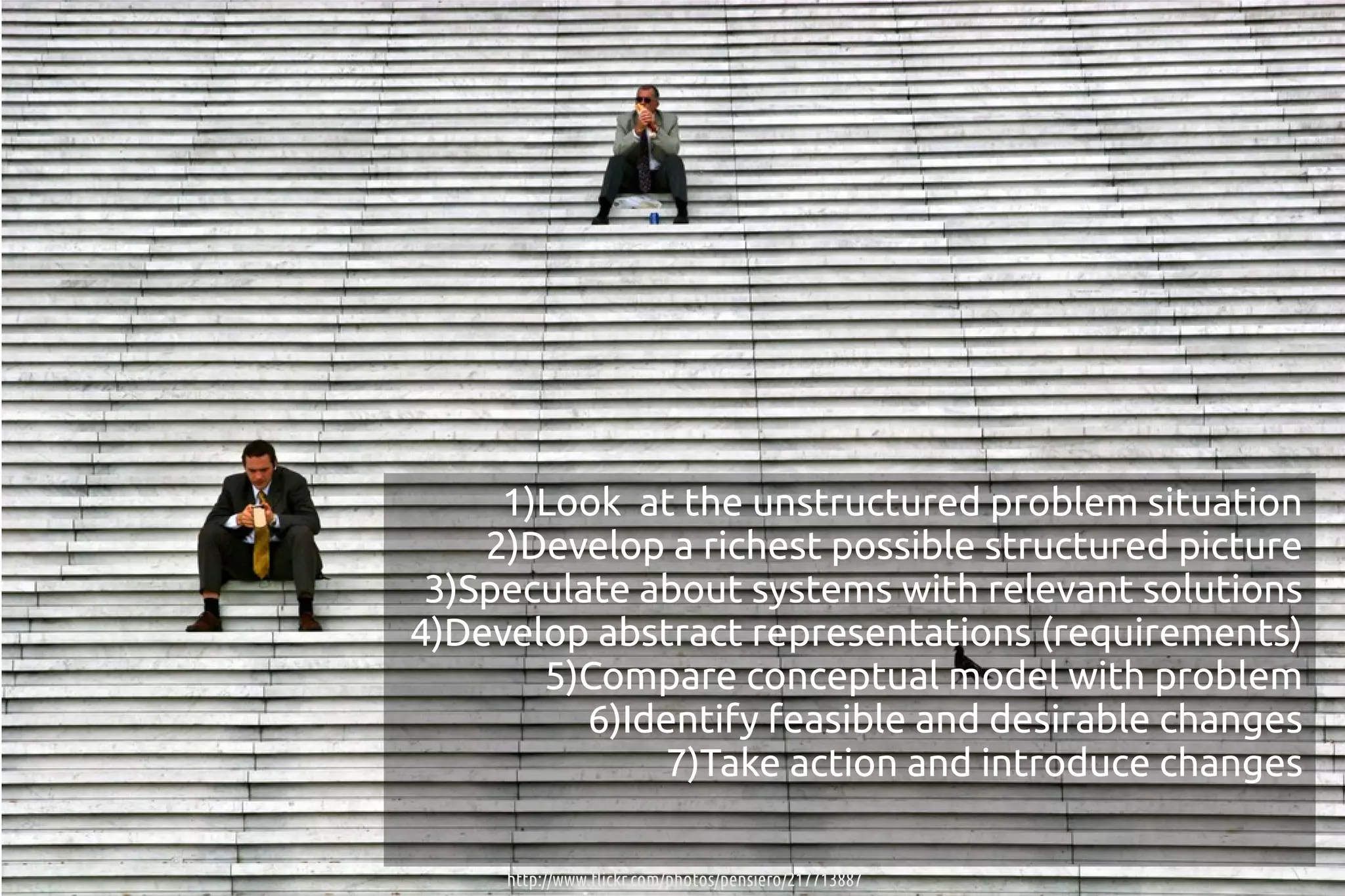 1)Look at the unstructured problem situation
    2)Develop a richest possible structured picture
 3)Speculate about systems with relevant solutions
4)Develop abstract representations (requirements)
       5)Compare conceptual model with problem
          6)Identify feasible and desirable changes
              7)Take action and introduce changes

     http://www.flickr.com/photos/pensiero/217713887
 