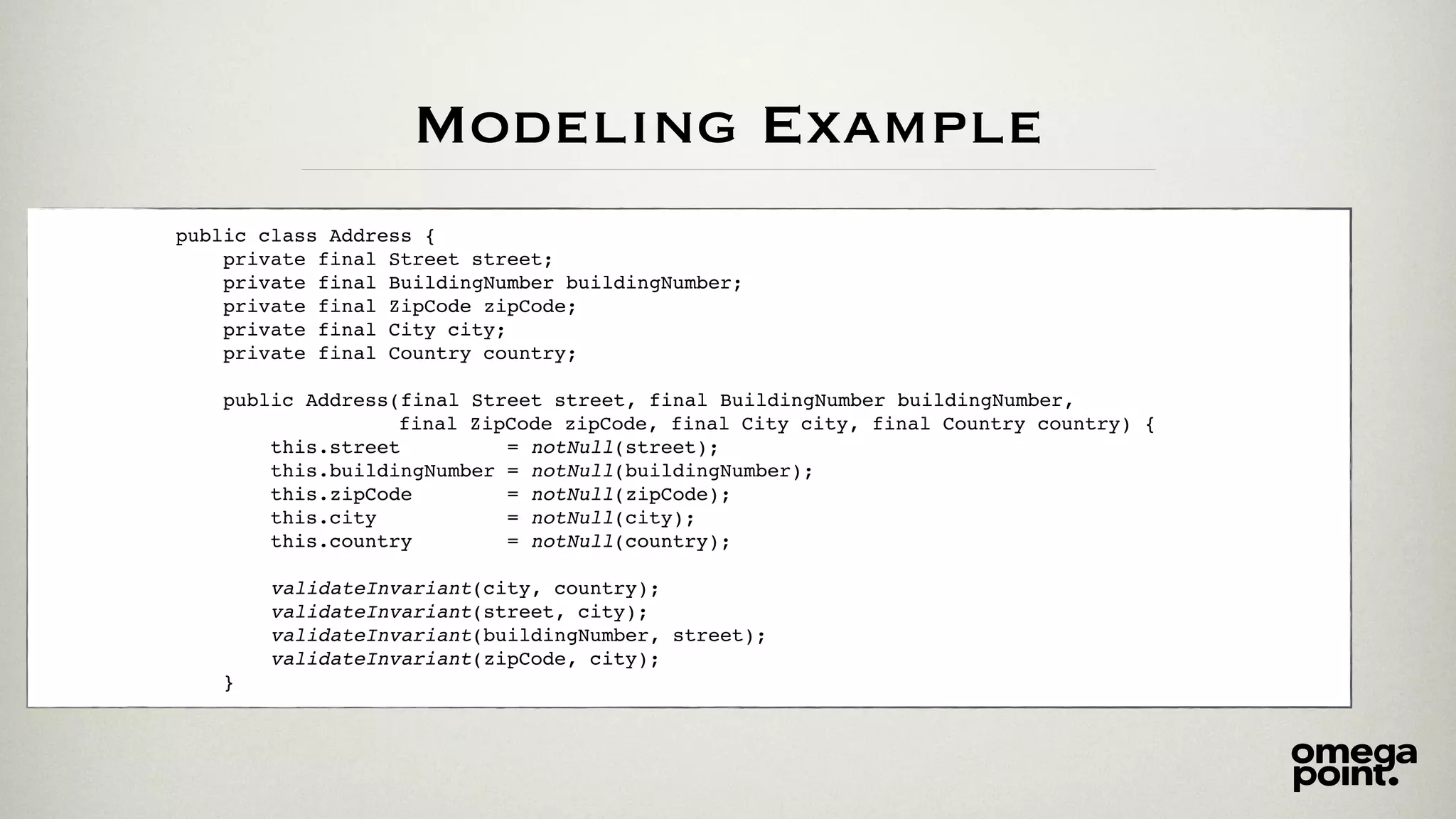 Modeling Example
public class Address {
private final Street street;
private final BuildingNumber buildingNumber;
private final ZipCode zipCode;
private final City city;
private final Country country;
public Address(final Street street, final BuildingNumber buildingNumber,
final ZipCode zipCode, final City city, final Country country) {
this.street = notNull(street);
this.buildingNumber = notNull(buildingNumber);
this.zipCode = notNull(zipCode);
this.city = notNull(city);
this.country = notNull(country);
validateInvariant(city, country);
validateInvariant(street, city);
validateInvariant(buildingNumber, street);
validateInvariant(zipCode, city);
}
 