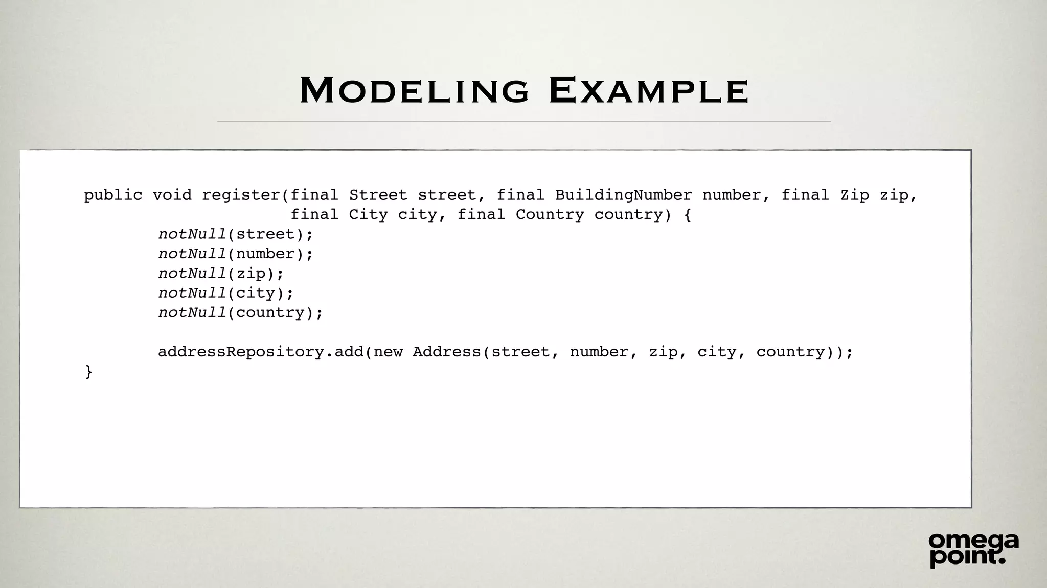 Modeling Example
public void register(final Street street, final BuildingNumber number, final Zip zip,
final City city, final Country country) {
notNull(street);
notNull(number);
notNull(zip);
notNull(city);
notNull(country);
addressRepository.add(new Address(street, number, zip, city, country));
}
 