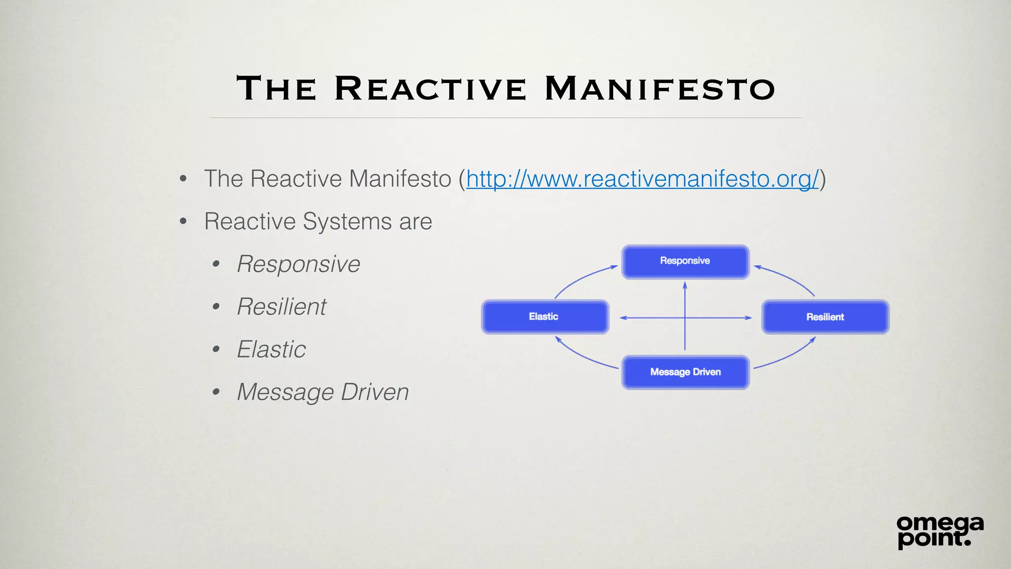 The Reactive Manifesto
• The Reactive Manifesto (http://www.reactivemanifesto.org/)
• Reactive Systems are
• Responsive
• Resilient
• Elastic
• Message Driven
 