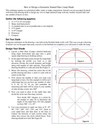 How to Design a Geometric Stained Glass Lamp Shade 
This technique requires no calculation tables, math, or angle computation. Instead you can use paper & pencil 
with basic tech drawing skills to design any size or shape spherical lamp with any number of panel sides and 
any number of layers or tiers. 
Gather the following supplies: 
1. 11 x 17 or A3 size paper 
2. Sharp, hard lead pencils 
3. A standard ruler (a set of parallel rules is also helpful) 
4. A T-square 
5. A 45 
triangle 
6. Protractor 
7. Compass 
° 
Set Your Scale 
Using one centimeter on the drawing = one inch on the finished shade works well. This way you get a drawing 
of decent size on the paper that easily converts to the finished size templates you will create to make the lamp. 
Design Your Shade 
1. Layout a clean sheet of paper oriented landscape 
(long edges hor izontal) and tape onto a good 
square edge drawing or drafting surface. 
2. In the upper left hand corner design the lampshade 
by drawing the profile you want as a side 
elevation. Decide the overall diameter and height 
along with number of sides and tiers. Your profile 
drawing should be to scale and look like Figure A. 
3. Below this drawing, extend the center line of the 
profile drawing and draw a circle to scale with its 
center on this line. 
4. Now choose the number if sides you want your 
lampshade to have. For this example it will be an 8 
sided lamp but you can have any number of sides: 
6, 9, 10, 12, 15, 18, etc. Just remember the 
measuring and math will be easier if your number 
of sides divides evenly into 360 
° 
5. Now you need to draw in the radial lines that 
divide the circle into that many sections. 
First divide 360° (degrees in a circle) by 
the number of sides (8) to determine the 
angles of the radial lines. For this example 
we have 360° ÷ 8 = 45° 
6. Use your protractor to mark out lines at 0°, 45°, 
90°, 135°, 180°, 225°, 270°, and 315°. Draw in 
your radial lines and then draw in the lines to 
connect the bottoms of each section where the 
radius line crosses the circle (chord lines). Your 
drawing should now look like Figure B. 
Figure A 
Figure B 
 