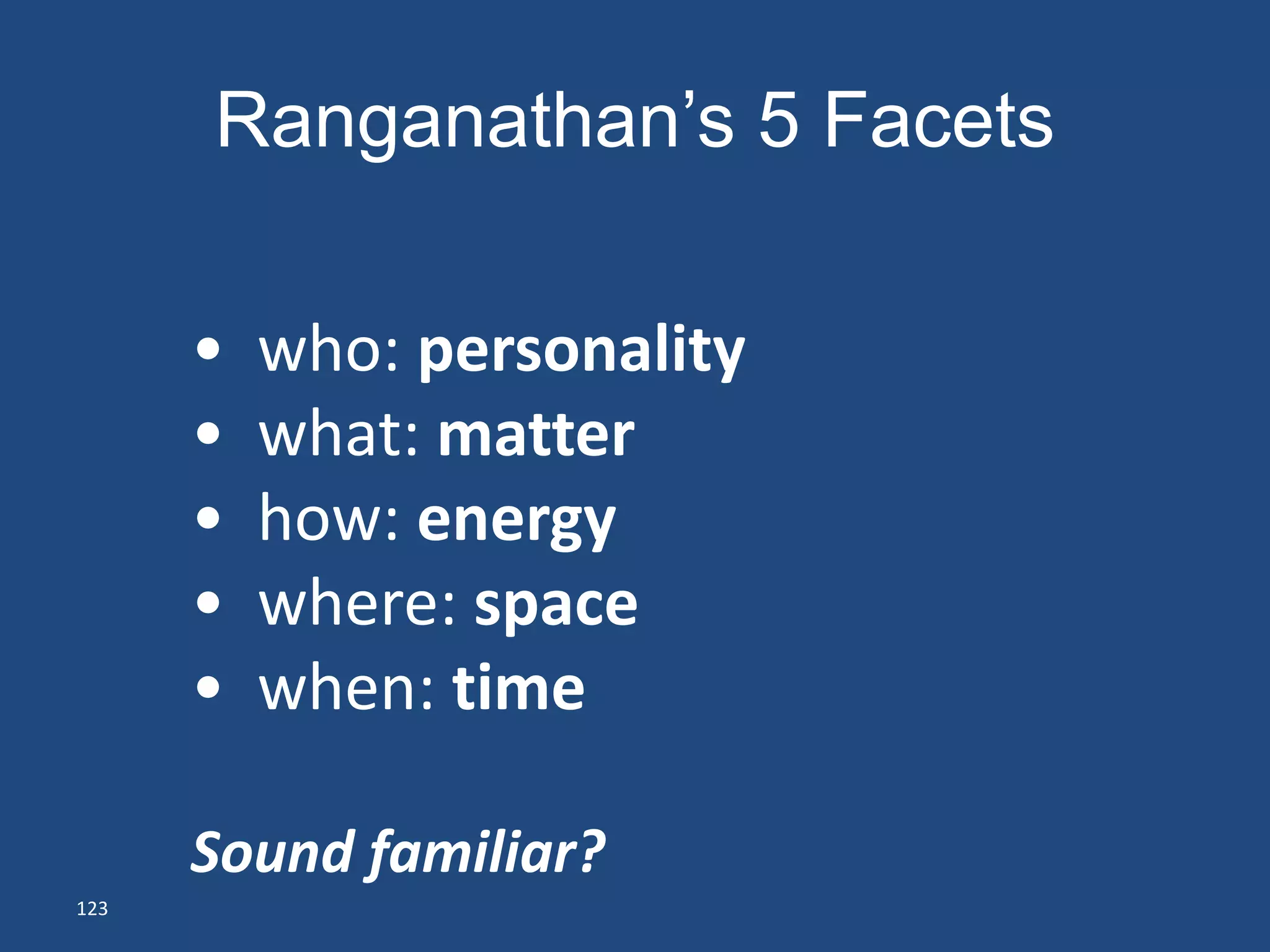 Ranganathan’s 5 Facets

      •   who: personality
      •   what: matter
      •   how: energy
      •   where: space
      •   when: time

      Sound familiar?
123
 