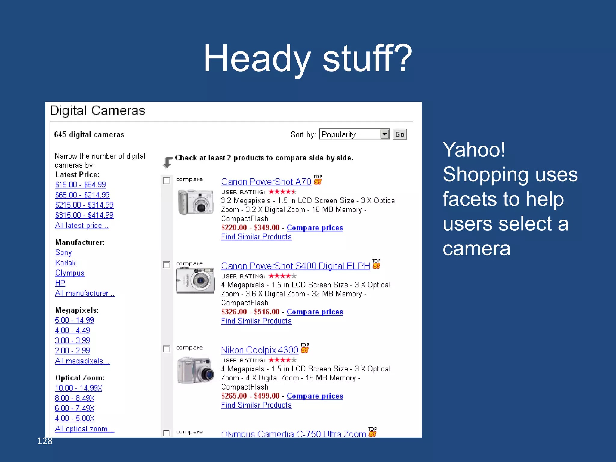 Heady stuff?

                     Yahoo!
                     Shopping uses
                     facets to help
                     users select a
                     camera




128
 