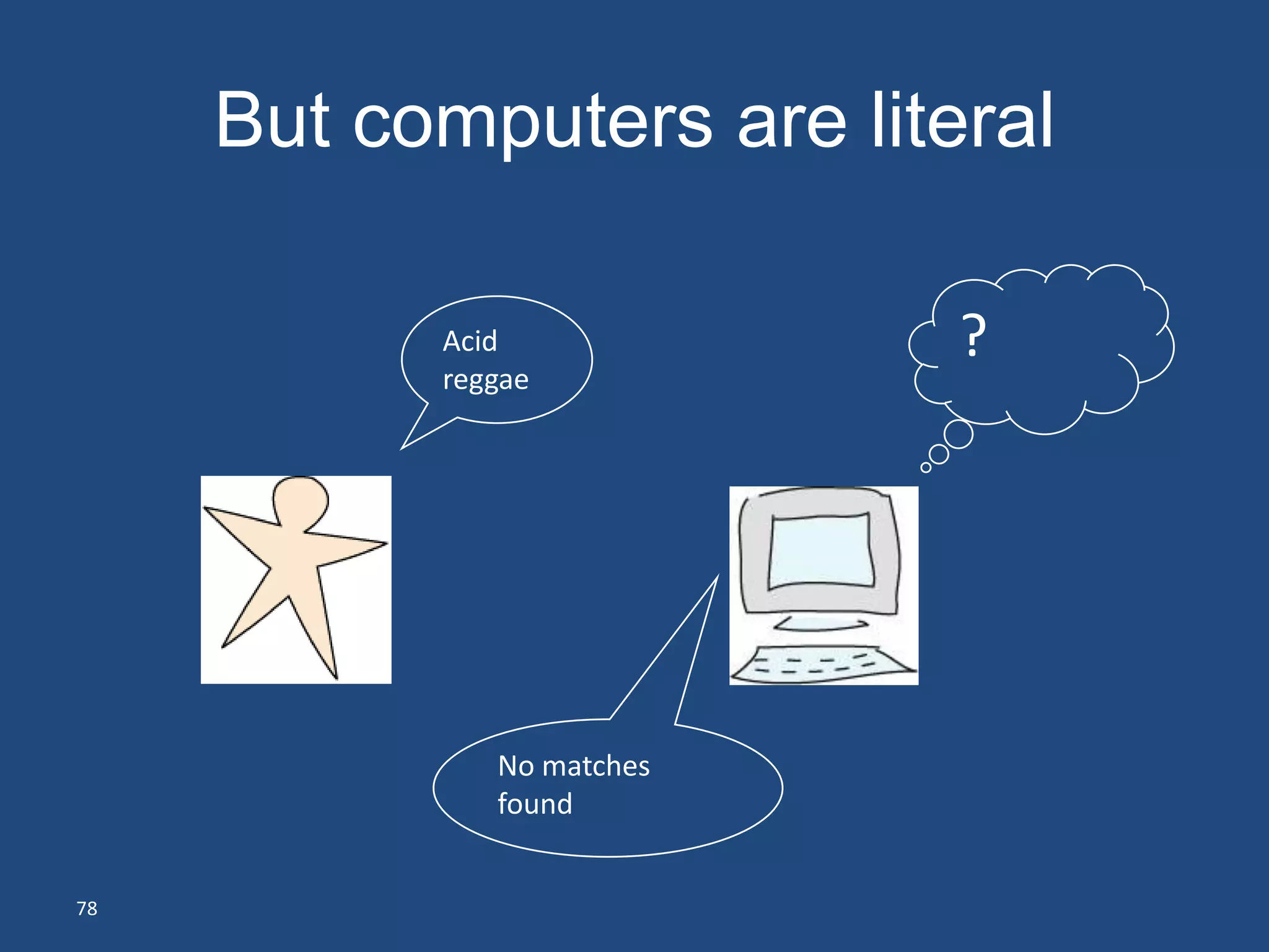 But computers are literal

           Acid            ?
           reggae




              No matches
              found


78
 