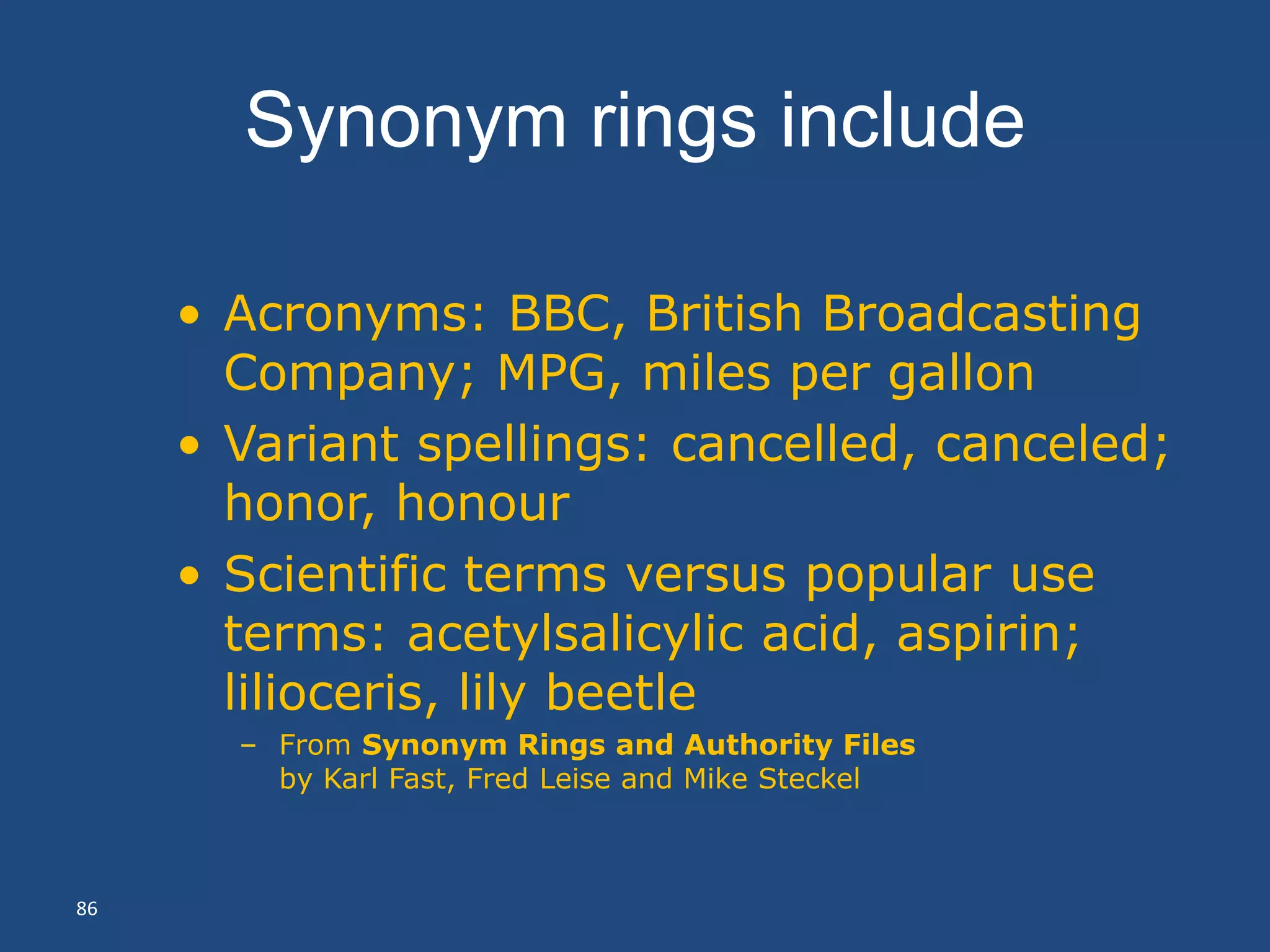 Synonym rings include

     • Acronyms: BBC, British Broadcasting
       Company; MPG, miles per gallon
     • Variant spellings: cancelled, canceled;
       honor, honour
     • Scientific terms versus popular use
       terms: acetylsalicylic acid, aspirin;
       lilioceris, lily beetle
       – From Synonym Rings and Authority Files
         by Karl Fast, Fred Leise and Mike Steckel



86
 