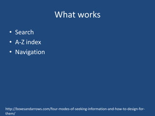 What can help
  • Related information
  • Recommendations
  • Push technologies




http://boxesandarrows.com/four-modes-o...