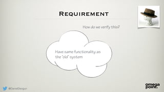 @DanielDeogun
Requirement
How do we verify this?
Have same functionality as
the “old” system
 