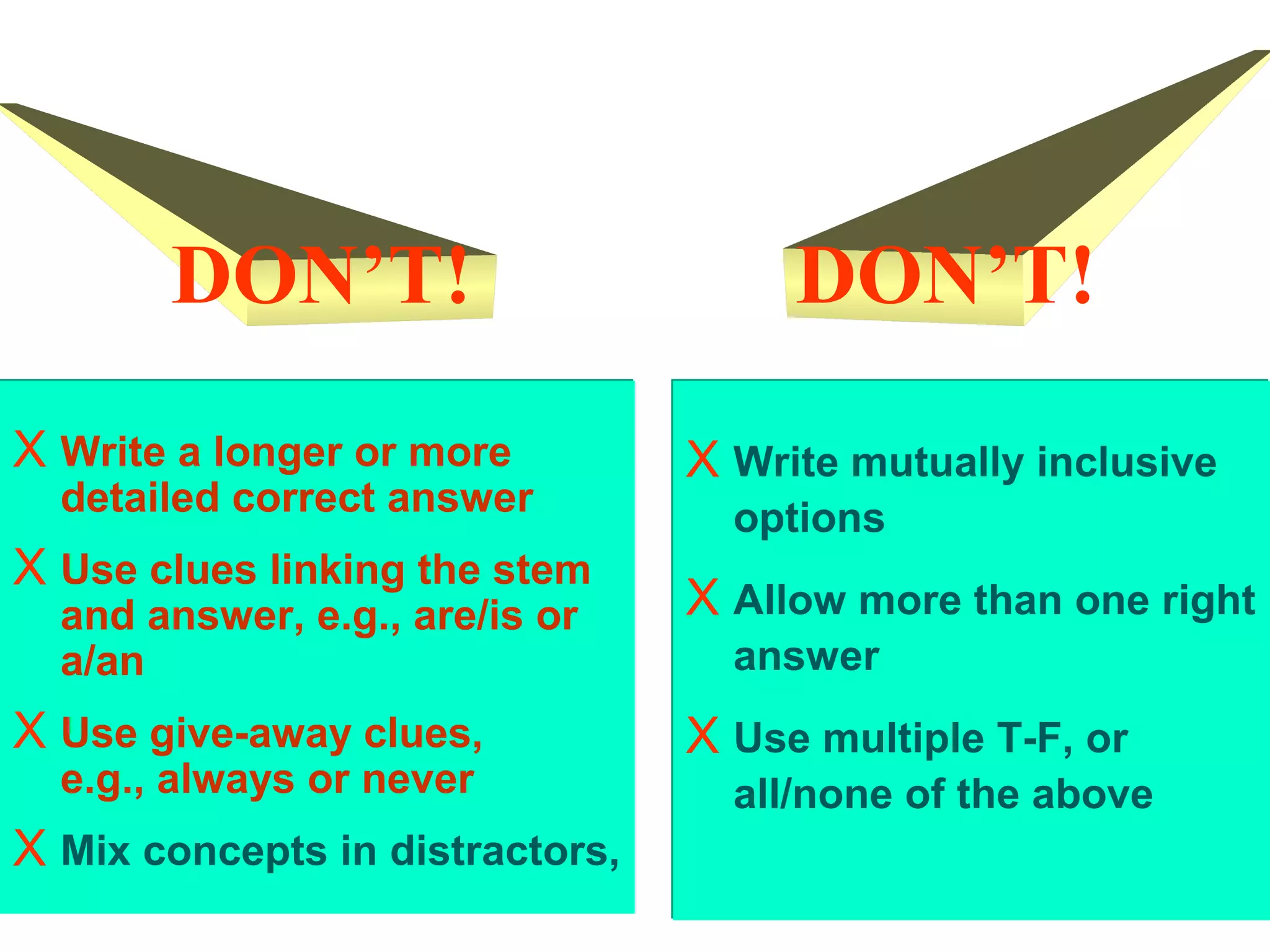 Х Write a longer or more
detailed correct answer
Х Use clues linking the stem
and answer, e.g., are/is or
a/an
Х Use give-away clues,
e.g., always or never
Х Mix concepts in distractors,
Х Write a longer or more
detailed correct answer
Х Use clues linking the stem
and answer, e.g., are/is or
a/an
Х Use give-away clues,
e.g., always or never
Х Mix concepts in distractors,
Х Write mutually inclusive
options
Х Allow more than one right
answer
Х Use multiple T-F, or
all/none of the above
Х Write mutually inclusive
options
Х Allow more than one right
answer
Х Use multiple T-F, or
all/none of the above
DON’T! DON’T!
WRITING MCQ
 