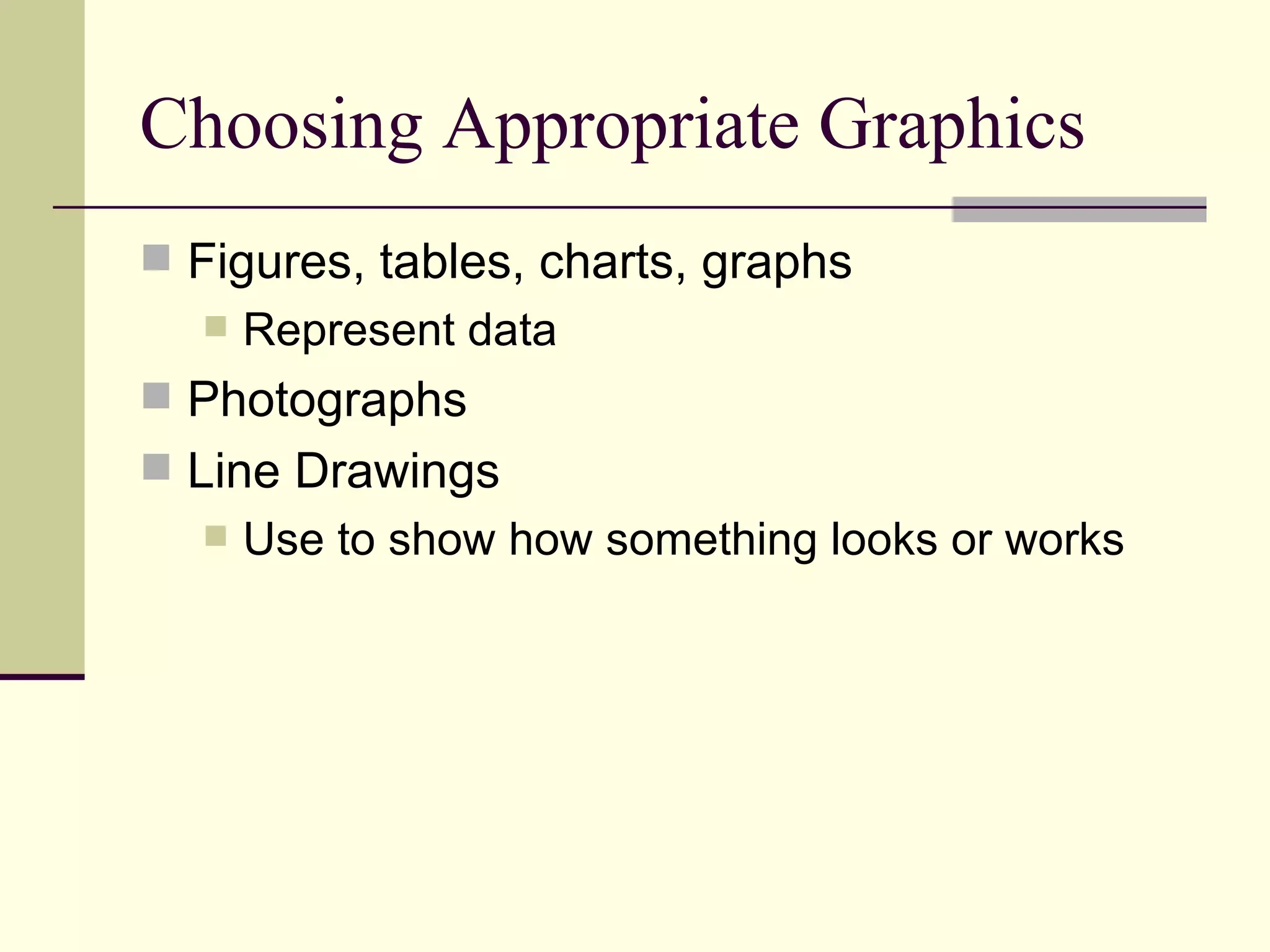 Choosing Appropriate Graphics Figures, tables, charts, graphs Represent data Photographs Line Drawings Use to show how something looks or works 