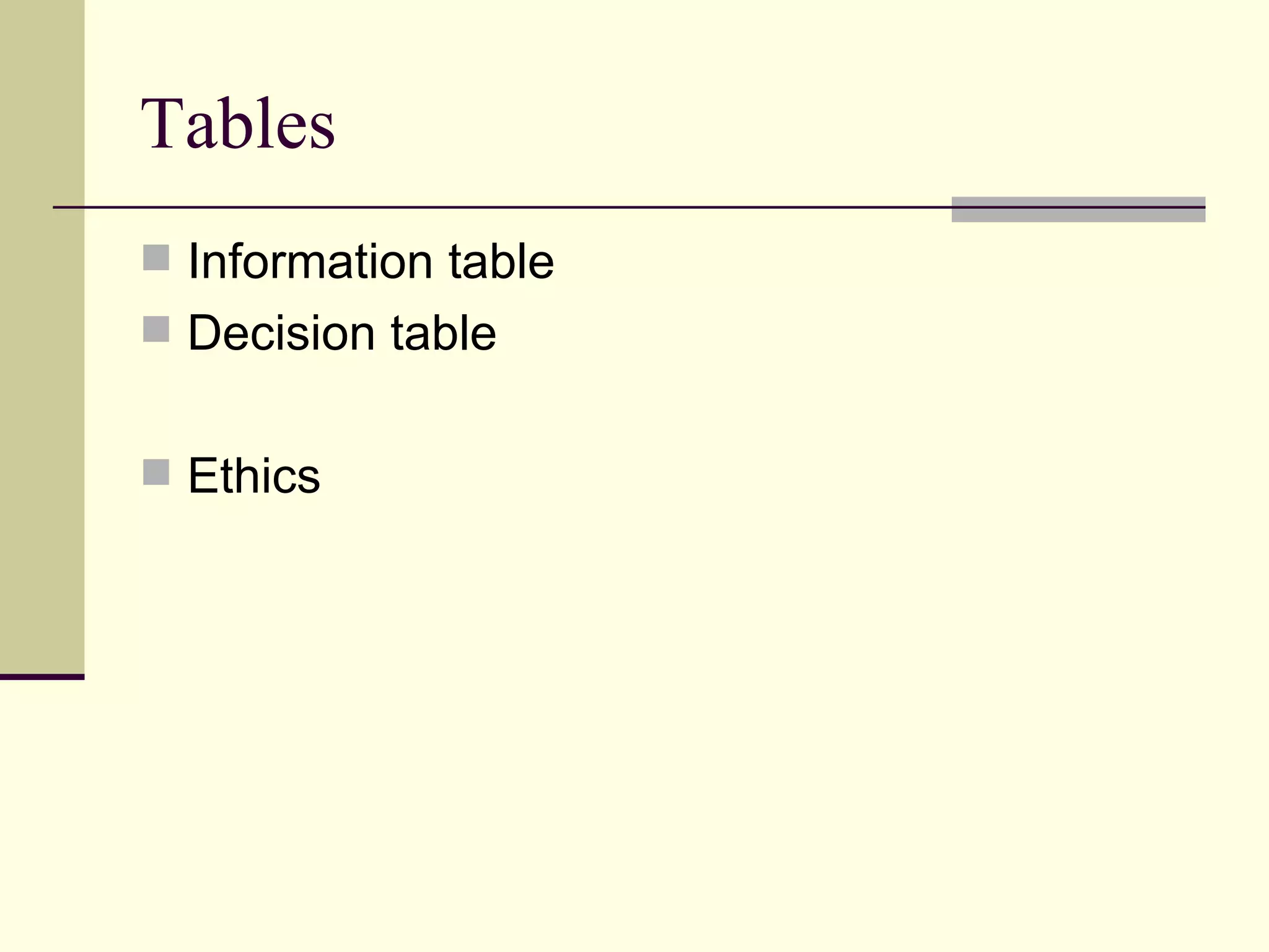 Tables Information table Decision table Ethics 
