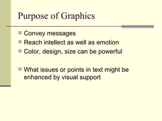 Purpose of Graphics Convey messages Reach intellect as well as emotion Color, design, size can be powerful What issues or points in text might be enhanced by visual support 