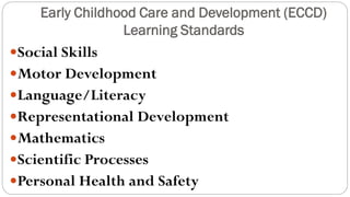 Early Childhood Care and Development (ECCD)
Learning Standards
Social Skills
Motor Development
Language/Literacy
Representational Development
Mathematics
Scientific Processes
Personal Health and Safety
 