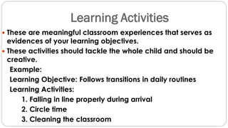 Learning Activities
 These are meaningful classroom experiences that serves as
evidences of your learning objectives.
 These activities should tackle the whole child and should be
creative.
Example:
Learning Objective: Follows transitions in daily routines
Learning Activities:
1. Falling in line properly during arrival
2. Circle time
3. Cleaning the classroom
 