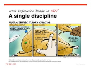 User Experience Design is NOT

A single discipline




10 Most Common Misconceptions About User Experience Design, by Whitney Hess
http://www.slideshare.net/whitneyhess/10-most-common-misconceptions-about-user-experience-design

                                                                                                   © 2010 Publicis Canada!
 