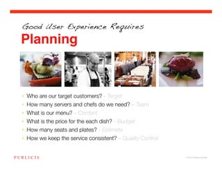 Good User Experience Requires

Planning



•  Who are our target customers? - Target!
•  How many servers and chefs do we need? – Team!
•  What is our menu? – Content!
•  What is the price for the each dish? - Budget!
•  How many seats and plates? - Estimate!
•  How we keep the service consistent? – Quality Control!


                                                            © 2010 Publicis Canada!
 