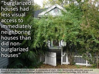 “burglarized
houses had
less visual
access to
immediately
neighboring
houses than
did non-
burglarized
houses”

Brown, B. ...