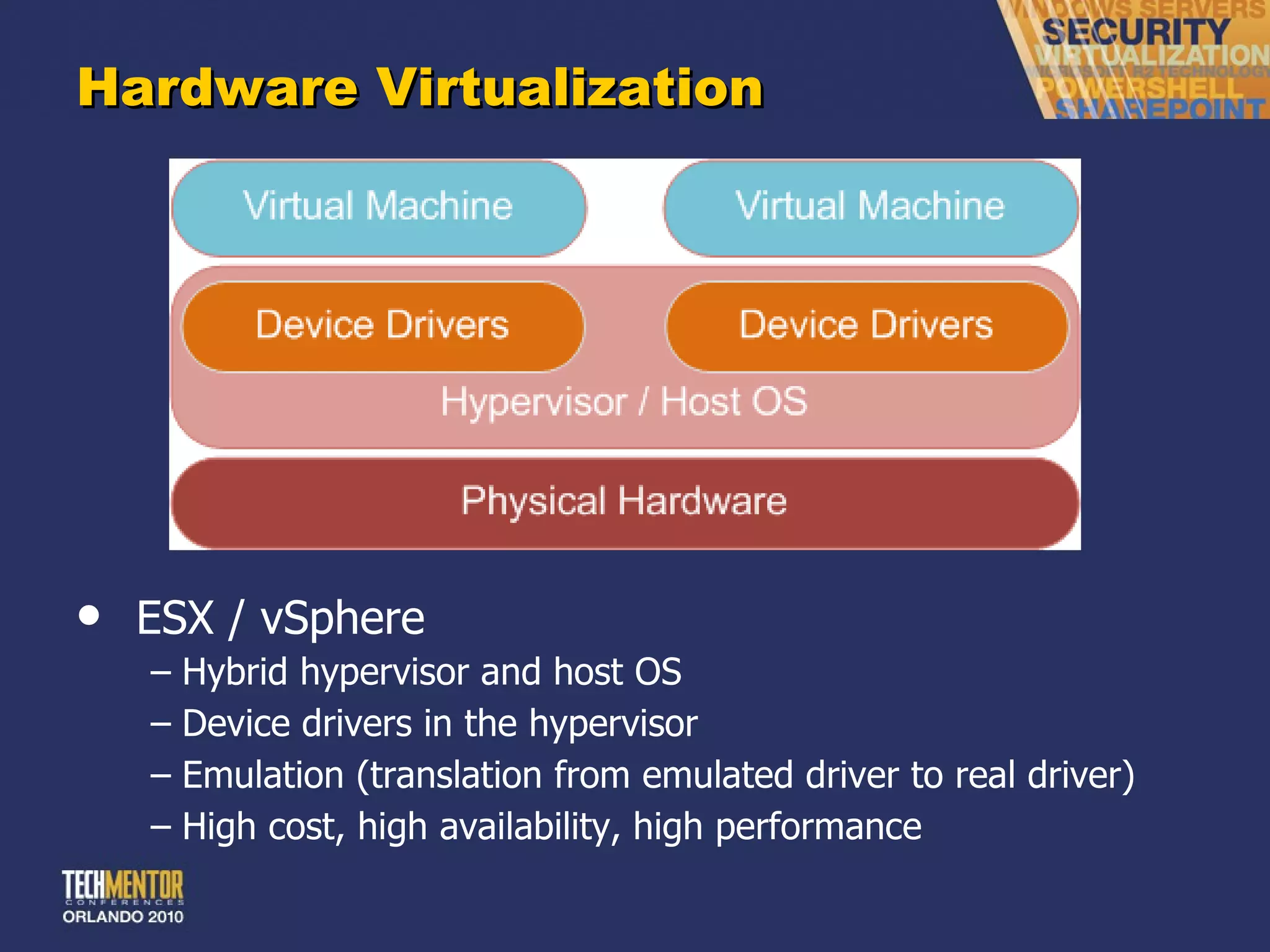 Hardware Virtualization ESX / vSphere Hybrid hypervisor and host OS Device drivers in the hypervisor Emulation (translation from emulated driver to real driver) High cost, high availability, high performance 