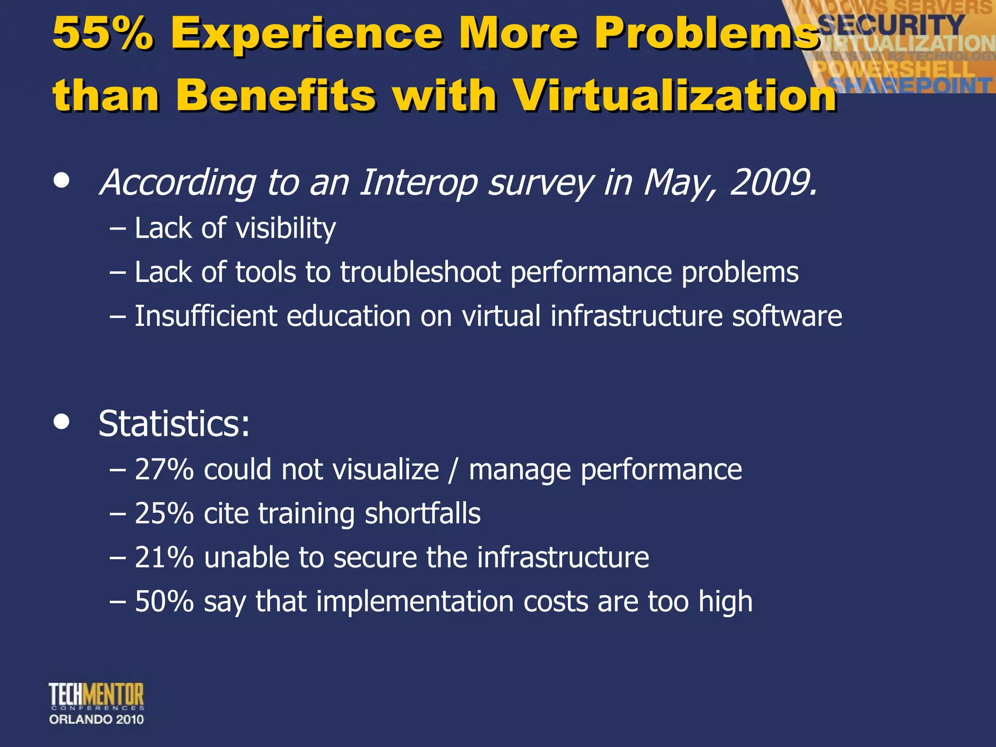 55% Experience More Problems  than Benefits with Virtualization According to an Interop survey in May, 2009. Lack of visibility Lack of tools to troubleshoot performance problems Insufficient education on virtual infrastructure software Statistics: 27% could not visualize / manage performance 25% cite training shortfalls 21% unable to secure the infrastructure 50% say that implementation costs are too high 