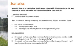 Scenarios allow us to explore how people would engage with different projects, and what
the projects impact on hunting and...