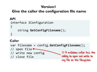 Version1
Give the caller the configuration file name
interface IConfiguration
{
string GetConfigFilename();
}
var filename = config.GetConfigFilename();
// open file
// write new config
// close file
API
Caller
 A malicious caller has the
ability to open and write to
any file on the filesystem
 