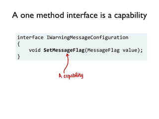 A one method interface is a capability
interface IWarningMessageConfiguration
{
void SetMessageFlag(MessageFlag value);
}
 