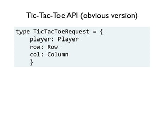 Tic-Tac-Toe API (obvious version)
type TicTacToeRequest = {
player: Player
row: Row
col: Column
}
 